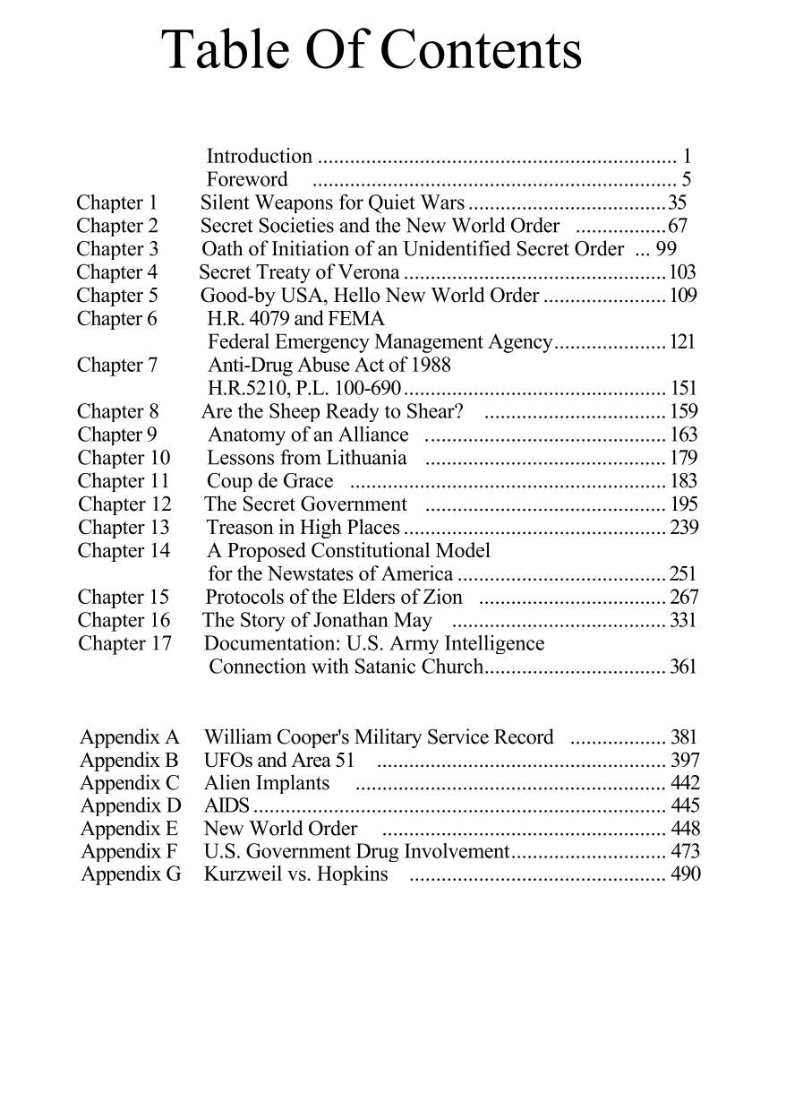 Table of contents preview for Behold a Pale Horse PDF